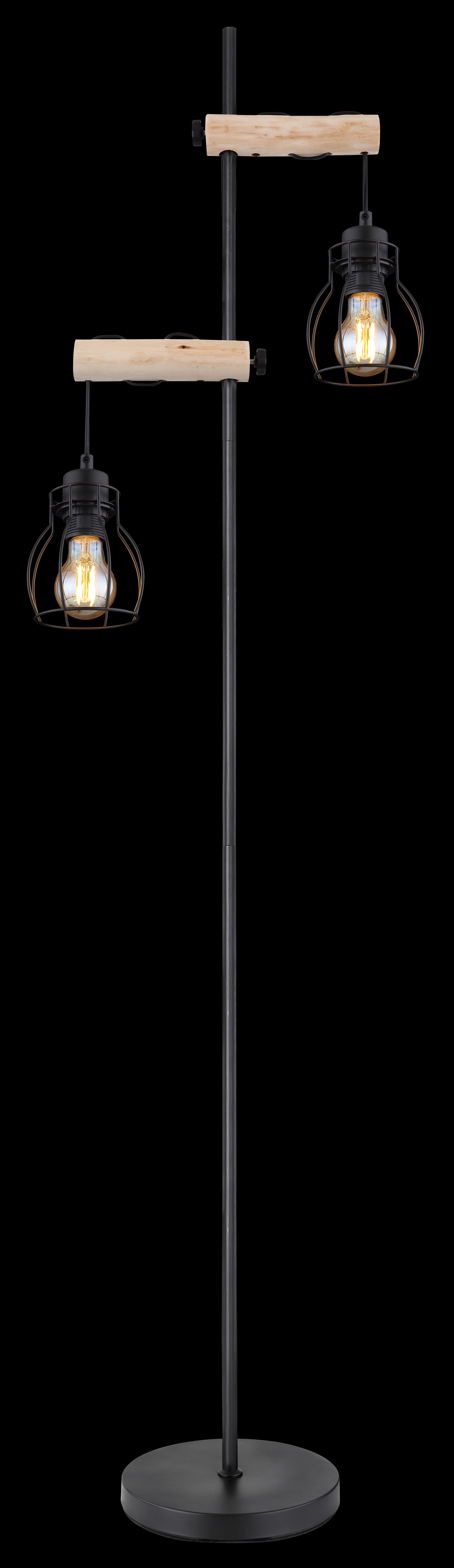 GLOBO Retrofit Stehlampe Mina II 2-flg Schwarz/Naturfarbig 23x38,5cm H.150cm Metall,Holz,Geflecht,Matt,Ein-/Ausschalter inklusive,Schnurschalter,höhenverstellbar,Innen