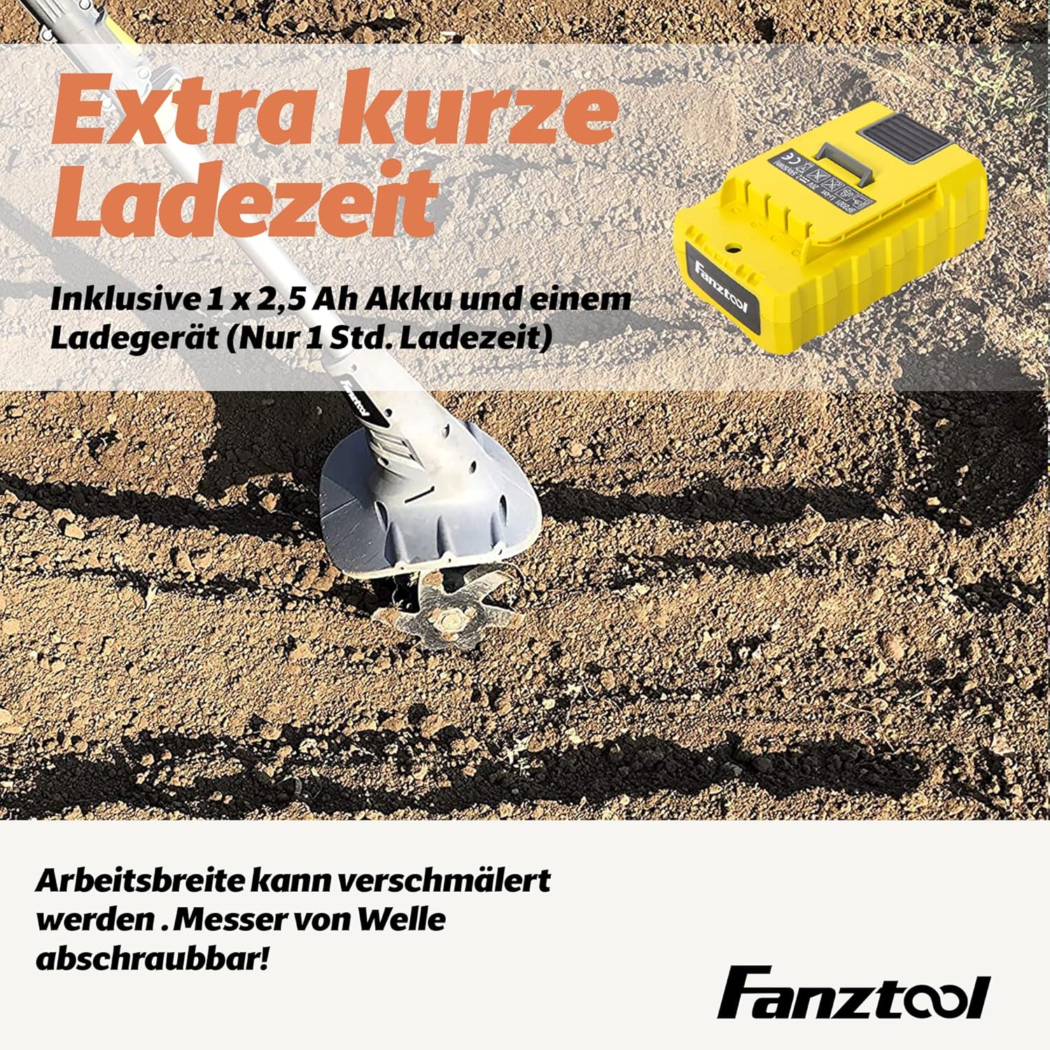 FANZTOOL 2-in-1 Gartenfräse Akku 20V, Bodenhacke & Rasentrimmer Set, Inkl. 2.5Ah Akku & Ladegerät, Zum Lockern & Trimmen