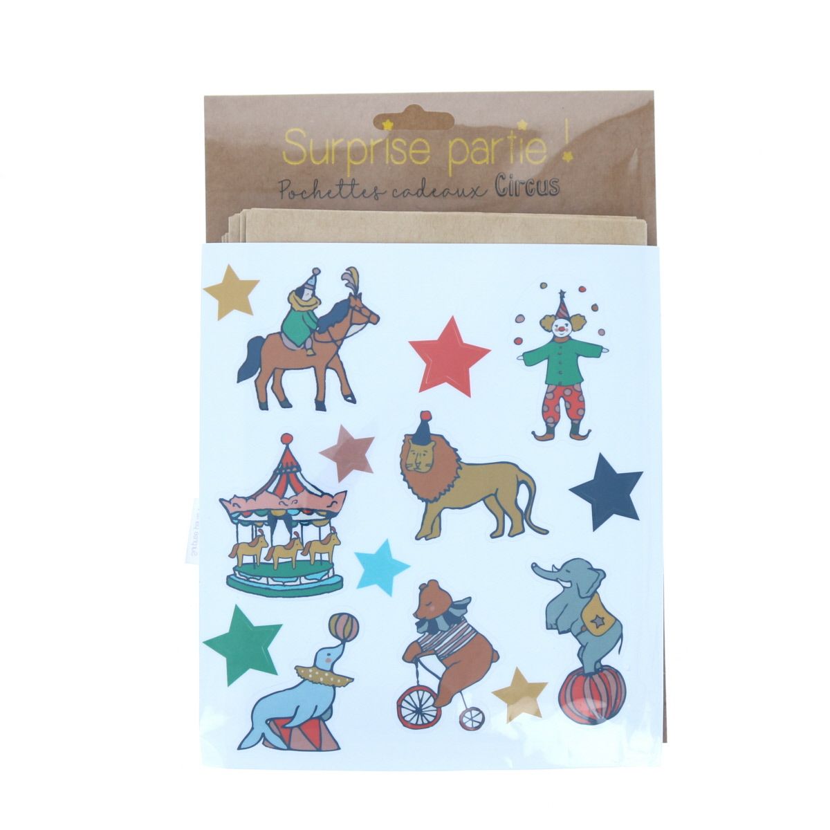 Ensemble d'étiquettes cirque   6 pochettes cadeaux Surprise Partie !