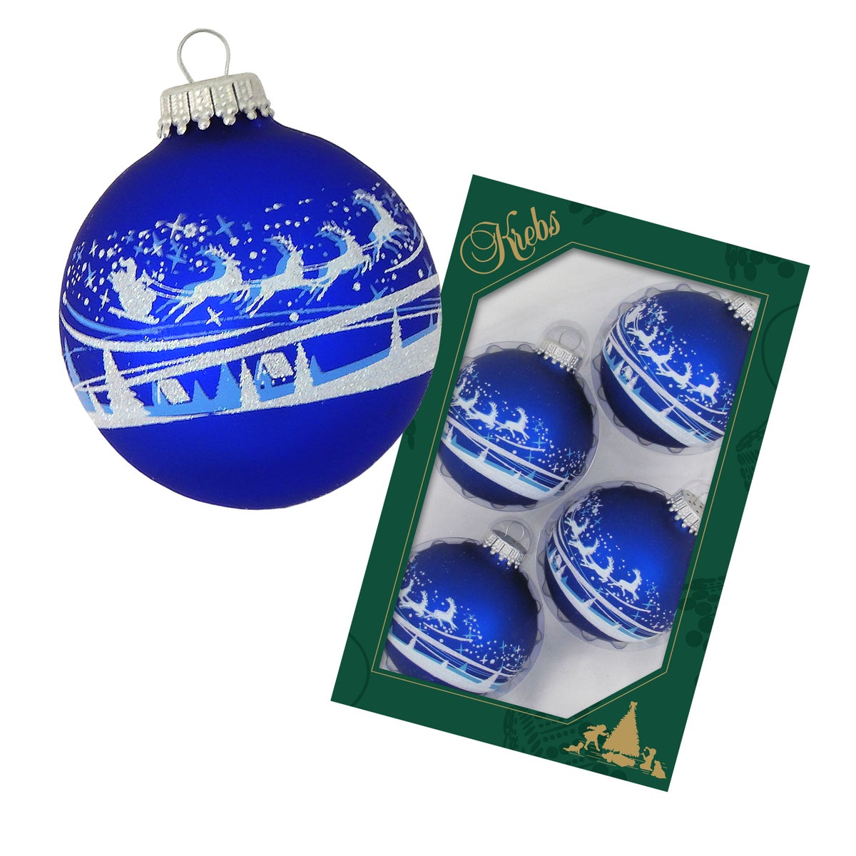 Koningsblauwe matte glazen bal van 7 cm met lintdecoratie, winterdorp en kerstman, 4 stuks, kerstballen, kerstversieringen, kerstversieringen voor in de boom
