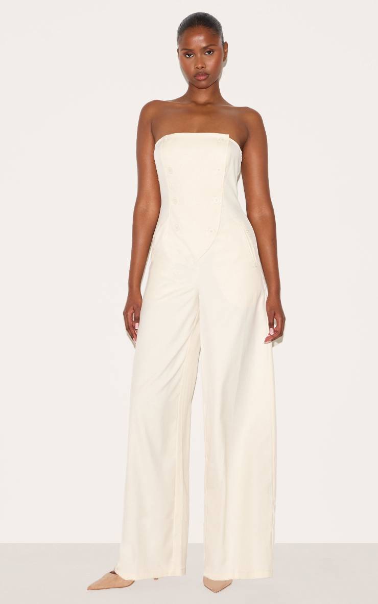Crème Combinaison Bandeau Jambe Large Boutonnée En Tissu Tissé Ajusté