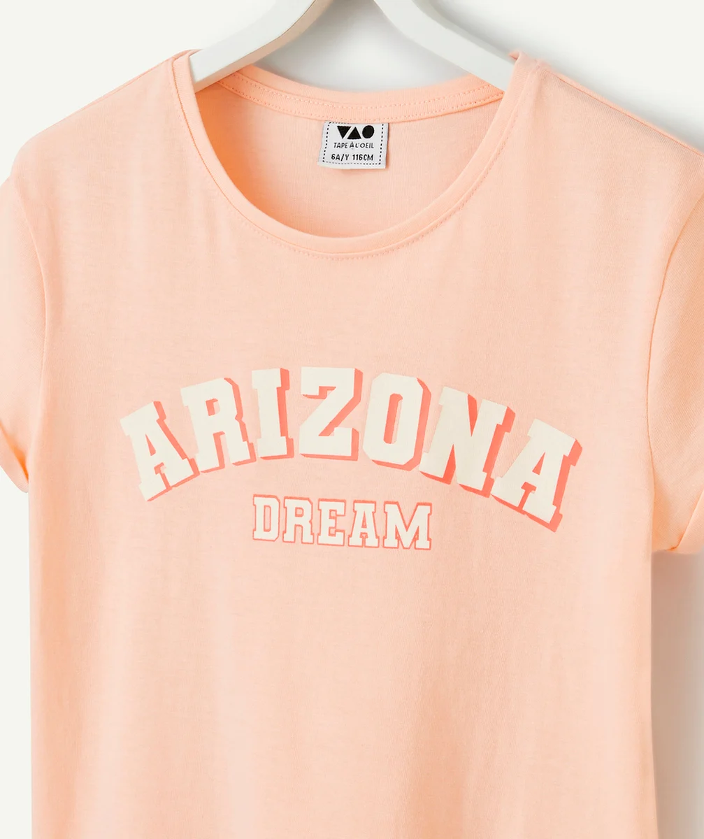 t-shirt manches courtes fille en coton bio rose message arizona