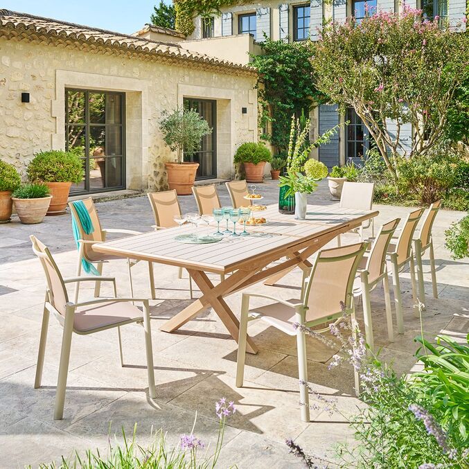 Ensemble table de jardin extensible AXIOME + 10 fauteuils AXANT Argile
