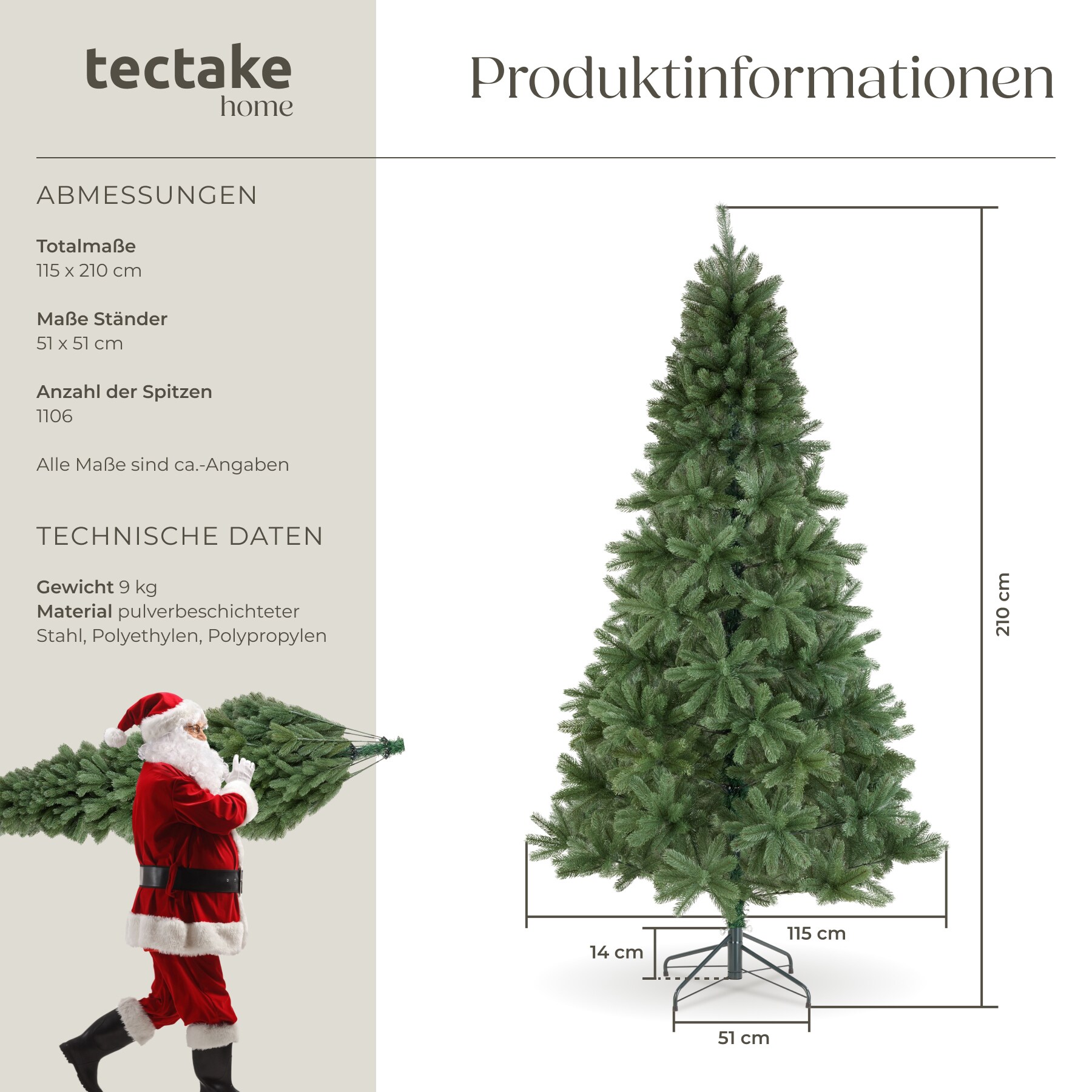 tectake® Weihnachtsbaum , künstlich in Grün, mit Spritzgussnadeln, formbar mit viel Volumen, pulverbeschichteter Metallständer mit Kunststoffkappen