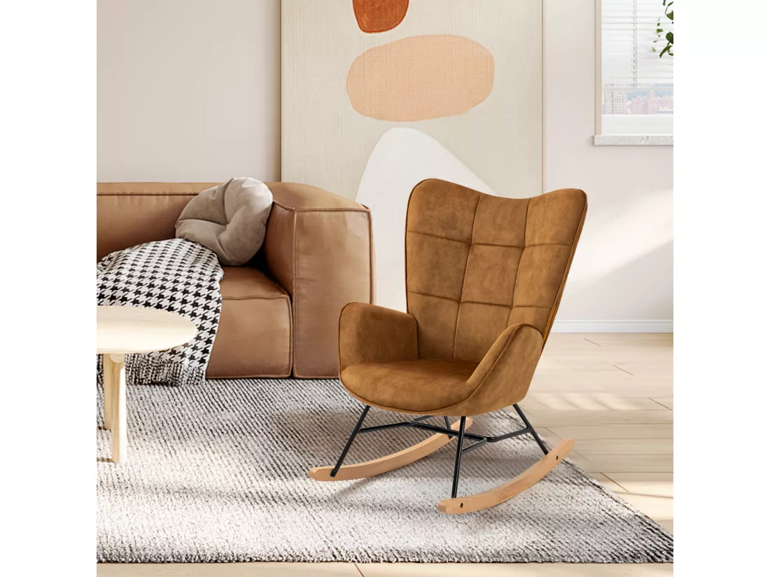 Fauteuil à Bascule Chaise Loisir et Repos Tissus Marron pour Le Salon Salle à Manger Pieds E' Bois Métal, 69 x 84 x 97 cm KELAN MUSTARD