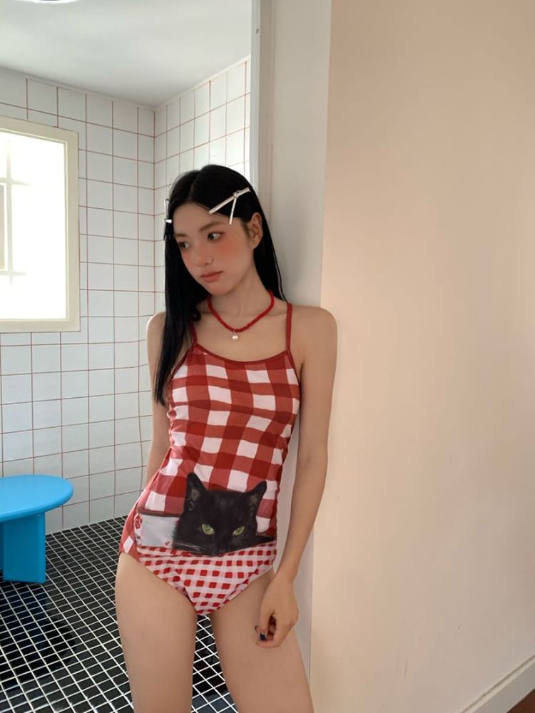 Komorkowe - Gingham Cat Print badpak