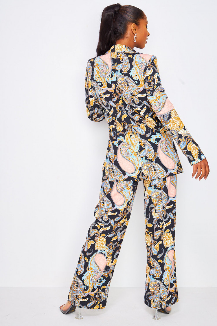 Ensemble noir paisley blazer + pantalon ceinturé