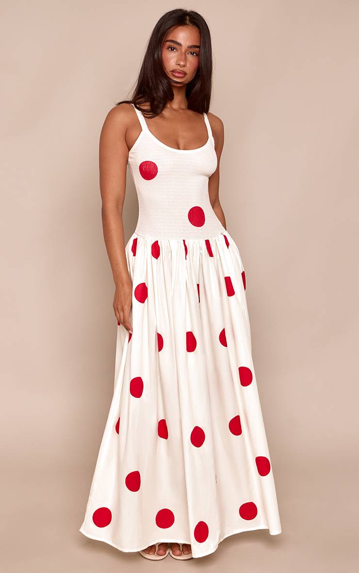 Crème Robe Maxi Petite À Taille Basse Froncée Et Pois
