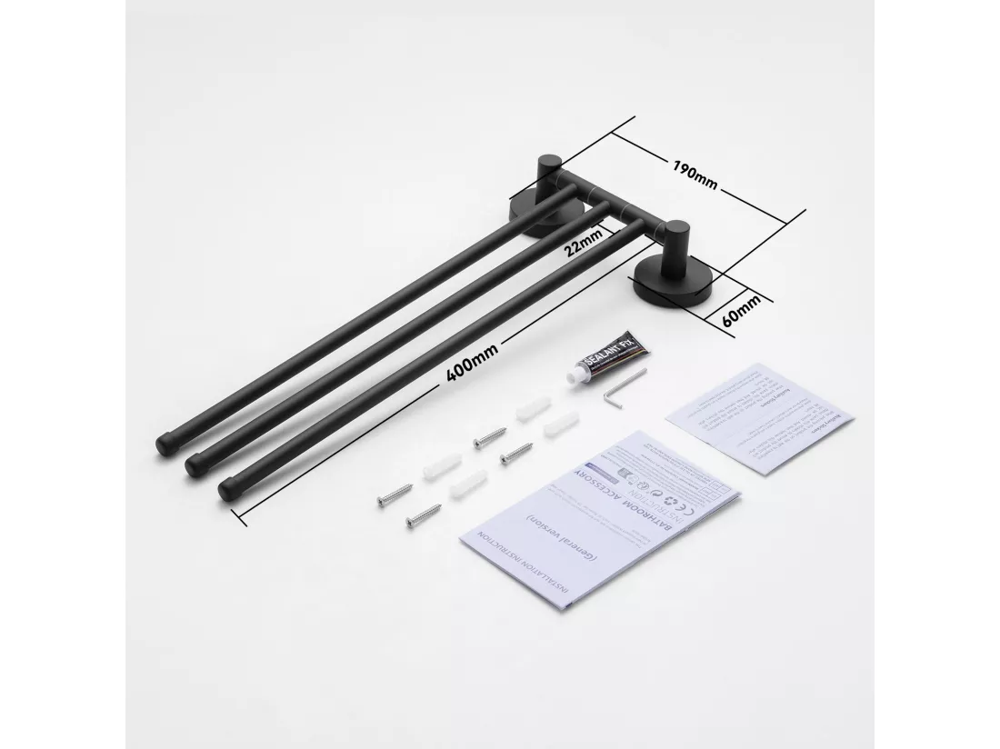 2pcsAuralum max Porte-Serviettes avec 3 Barres 180°Rotatives,Inox 304 Porte Serviette Murale Sèche-Serviettes pour Salle de Bain Cuisine-Noir(40CM)