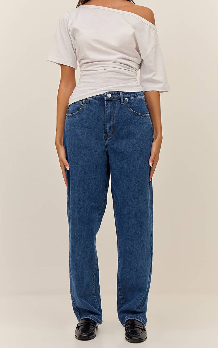 Bleu Foncé Prettylittlething Jean Boyfriend Taille Haute