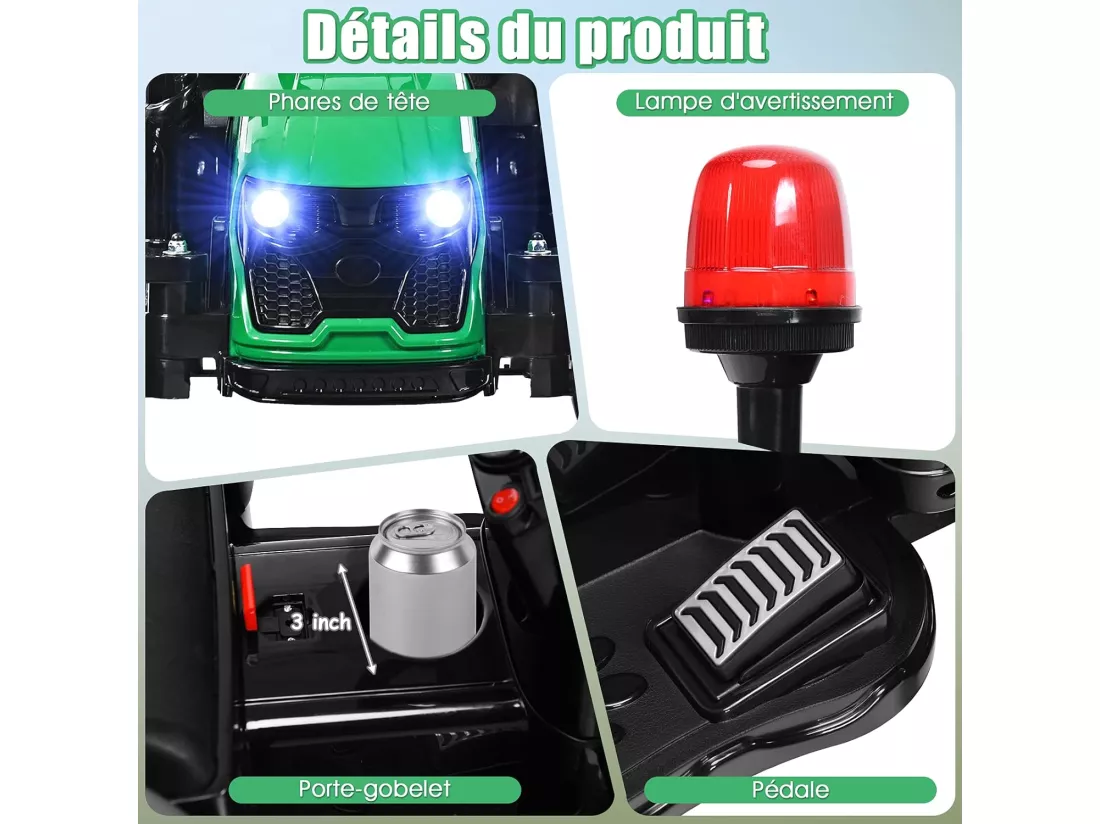 Tracteur Electrique enfants avec Télécommande 2.4G,12V 7AH, Vitesse : 3-8 km/h , MP3, Port USB pour Enfants de 3 à 8 Ans Vert