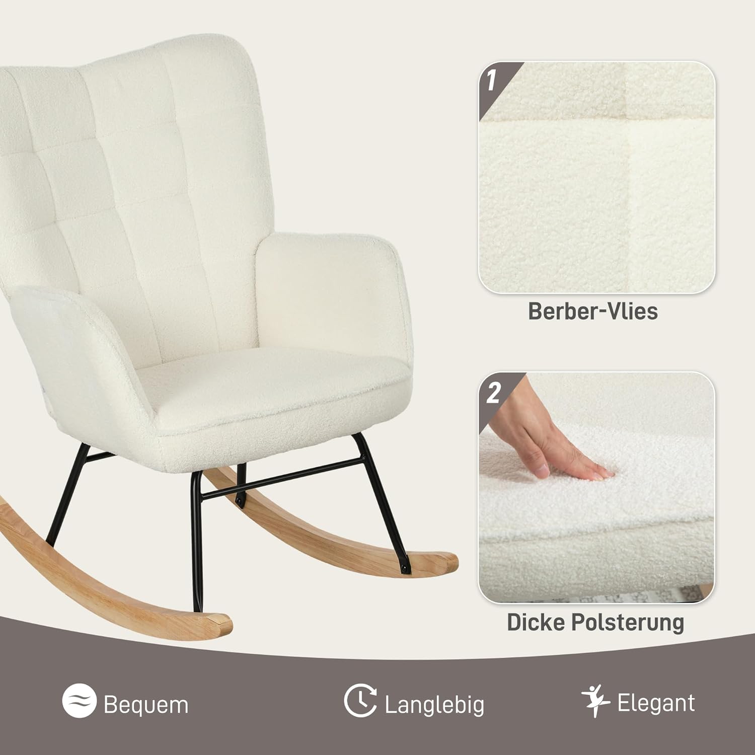 HOMCOM Schaukelstuhl, Schaukelsessel mit Berbervliesoptik, Armlehne, Gepolsterter Sessel mit Holzkufen, Relaxsessel für Wohnzimmer, Schlafzimmer, bis 120kg belastbar, Weiß