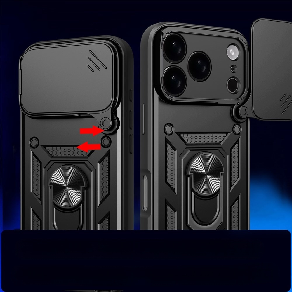 iPhone 17 Pro Max Hybrid Outdoor Hardcase Hülle mit Cam-Lid   Magnetischer Kickstand - Schwarz