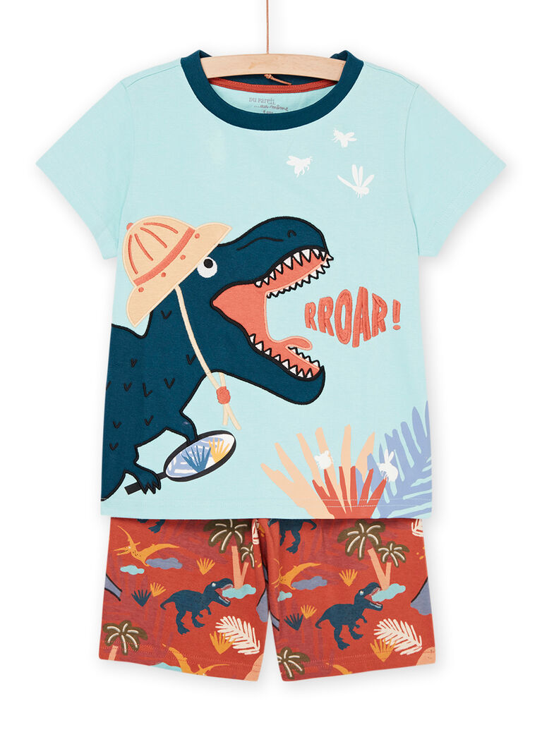 Pyjama bleu clair et rouge brique à motifs et imprimé dinosaures