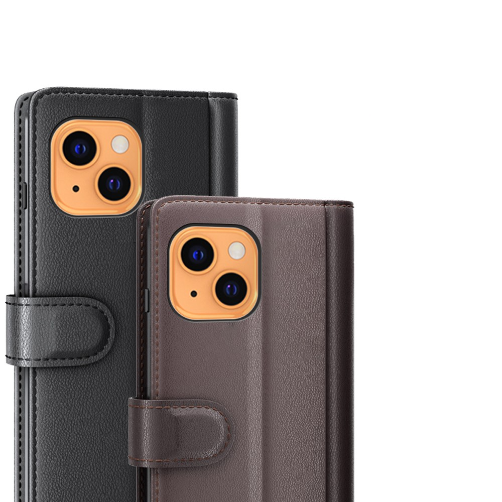 iPhone 13 Echtleder Tasche Flip Cover mit Kartenfächer - Schwarz