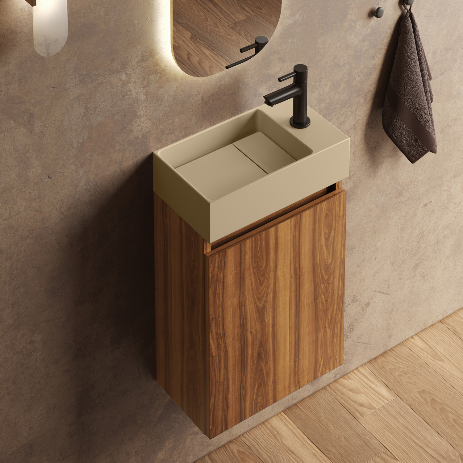 Fontana Itsie toiletmeubel walnoot 40cm met fontein in mat licht ivoor