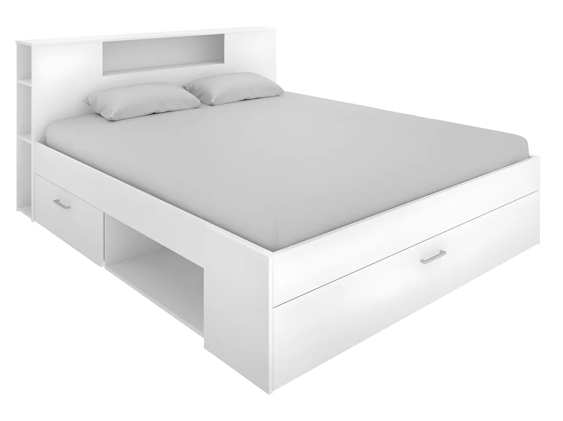 Lit avec tête de lit rangements et tiroirs - 160 x 200 cm - Coloris : Blanc + Sommier + Matelas - LEANDRE