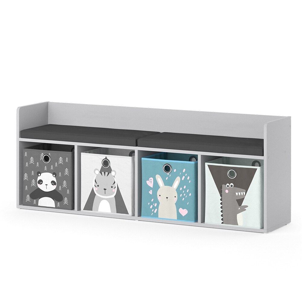 Vicco Sitzbank Kinderzimmerbank Kinderregal Luigi Hellgrau 142x53 cm modern Faltbox Kinderzimmer Regal Aufbewahrungsregal Bücherregal Lesebank Spielzeugaufbewahrung Organizer Regal-Bank-Kombi 4 Fächer