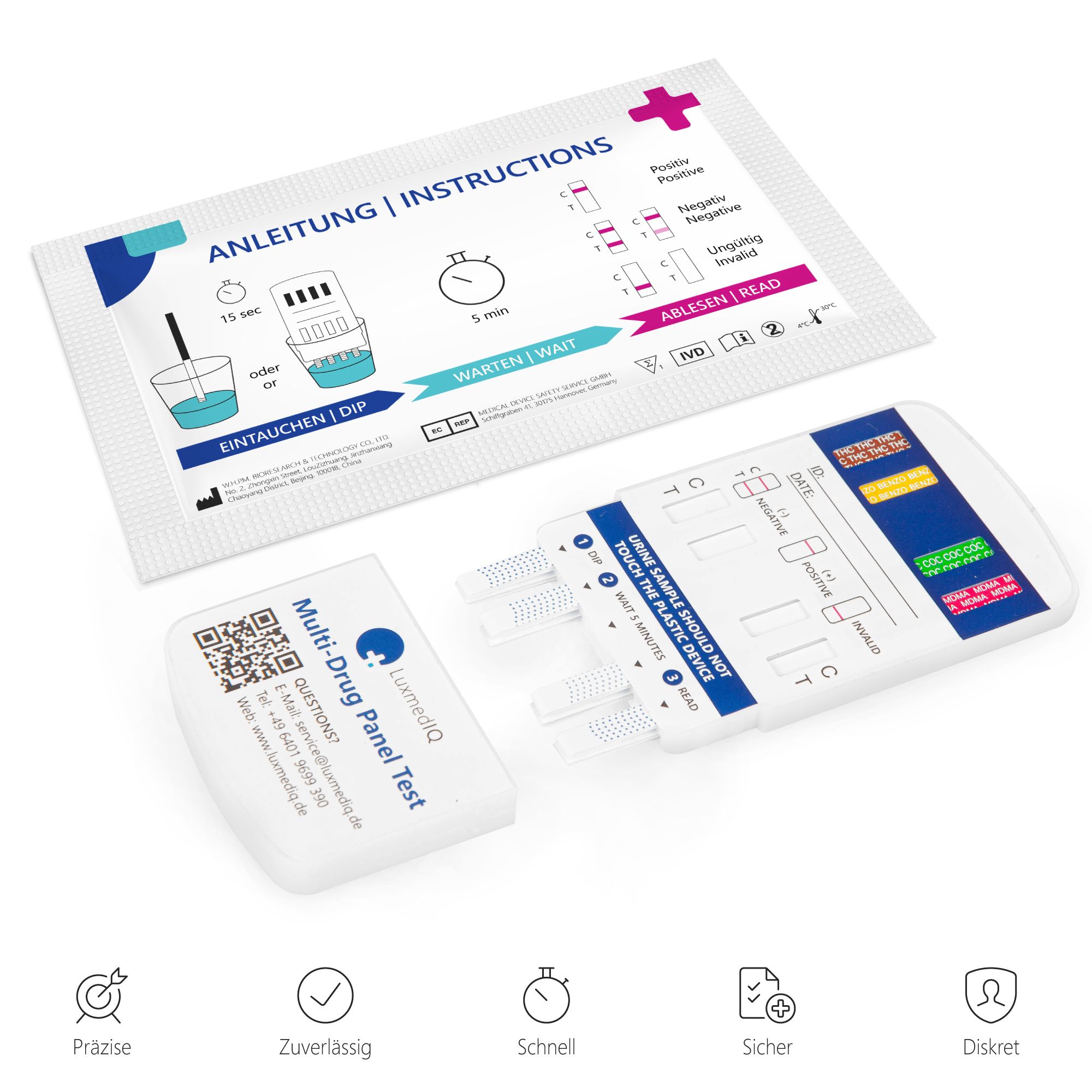 5x LuxmedIQ Drogenschnelltest für 8 Drogenarten - Urin Drogentest Multi 8 - Testkassette