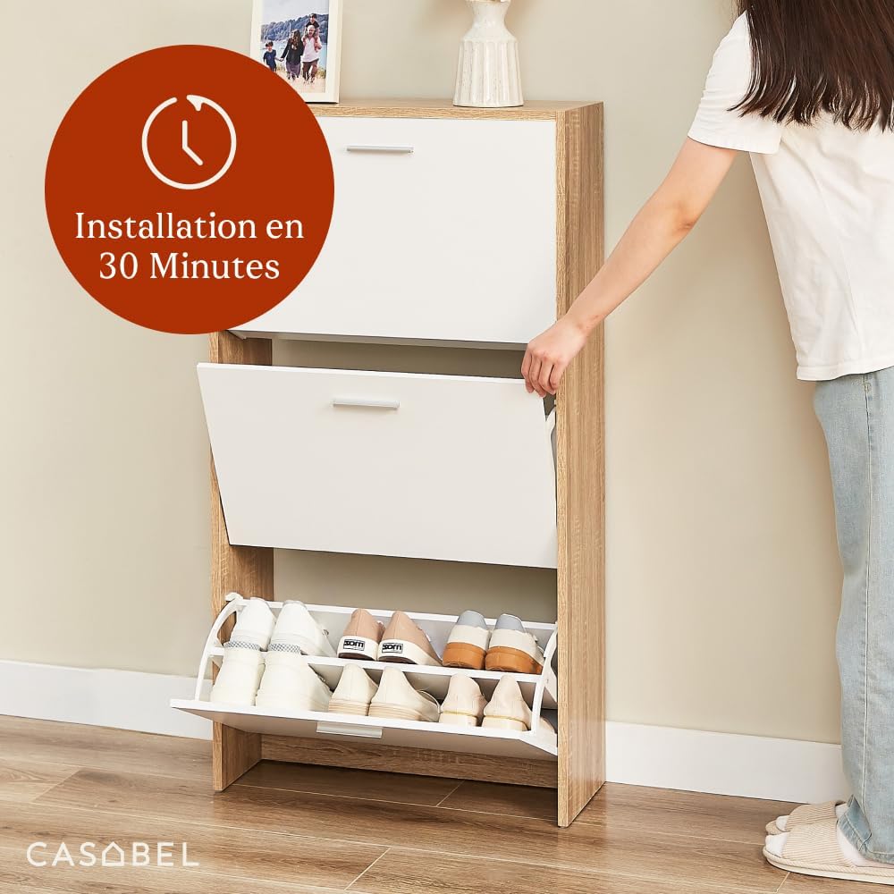 CASABEL Meuble à Chaussures Moderne 3 Abattants - Rangement Chaussures 18 Paires - Blanc et Bois Clair - Meuble en Bois - Dimensions L60xP24xH113 cm - Grande Capacité - Facile à Installer ZL6819792