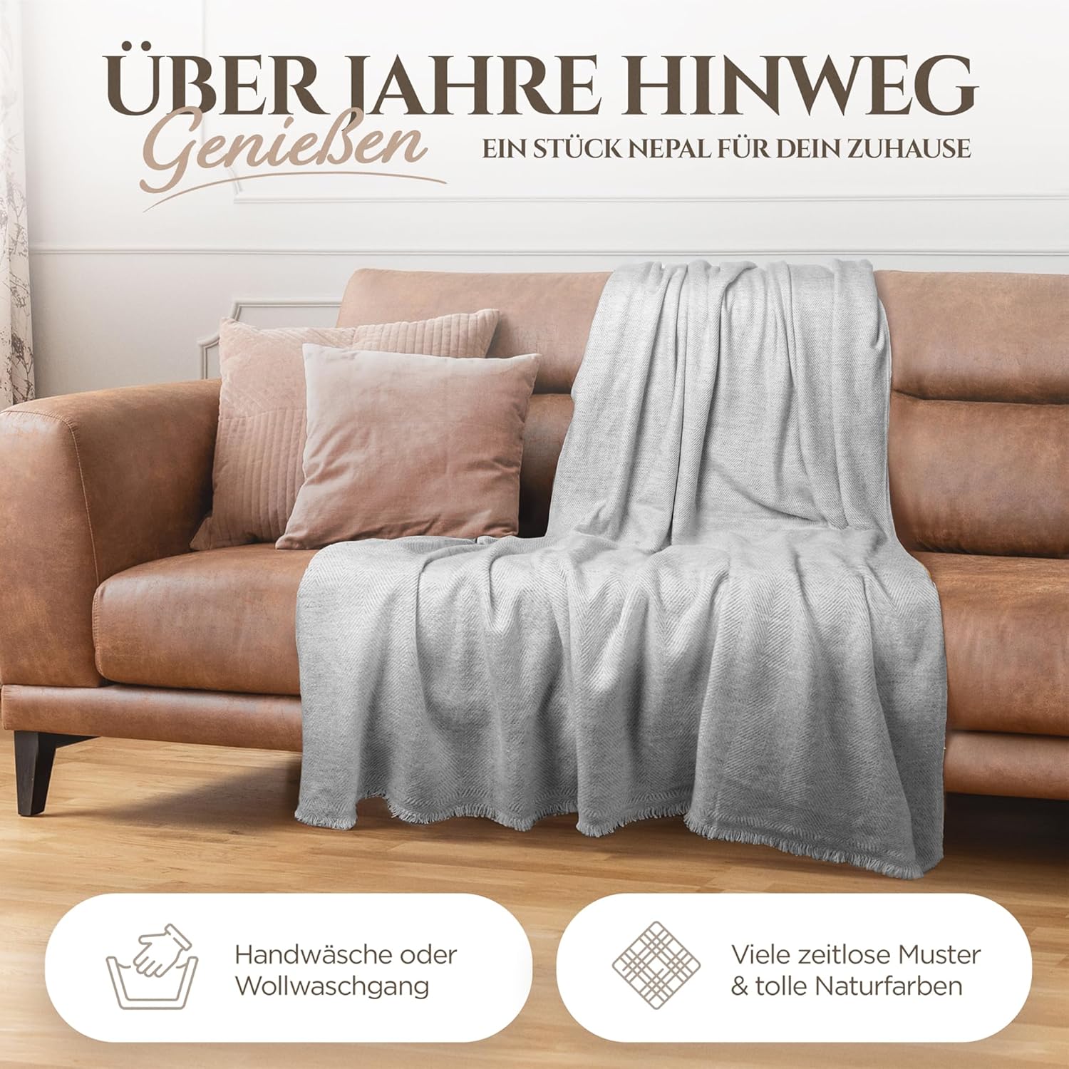 Kaschmirdecke – Handgewebte Sofaüberwurf Decke aus 100% Kaschmirwolle – 135 x 270 cm Weiche und gemütliche Hellgraue Kuscheldecke für Couch und Stuhl – Hergestellt in Nepal