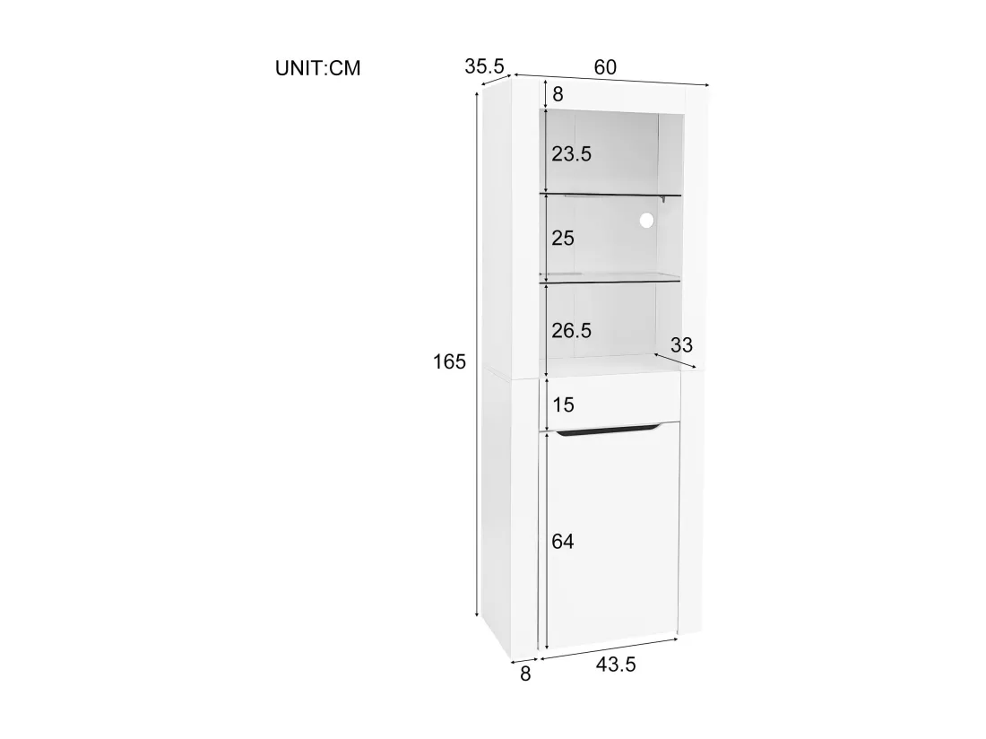 Vitrine avec LED - H 165cm - grand espace de rangement - Blanc