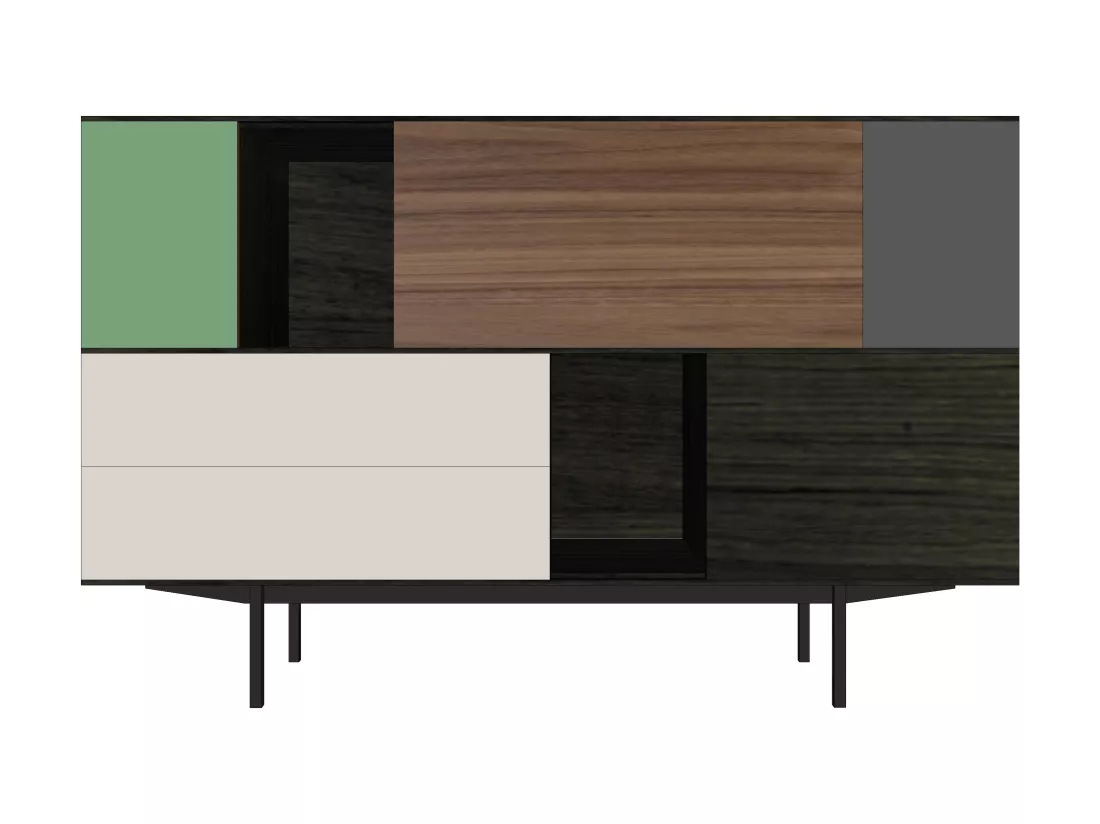 Vaisselier chêne wengé noir, noyer et laqué, 3 portes, 1 abattant, 2 tiroirs - 180L x 46P
