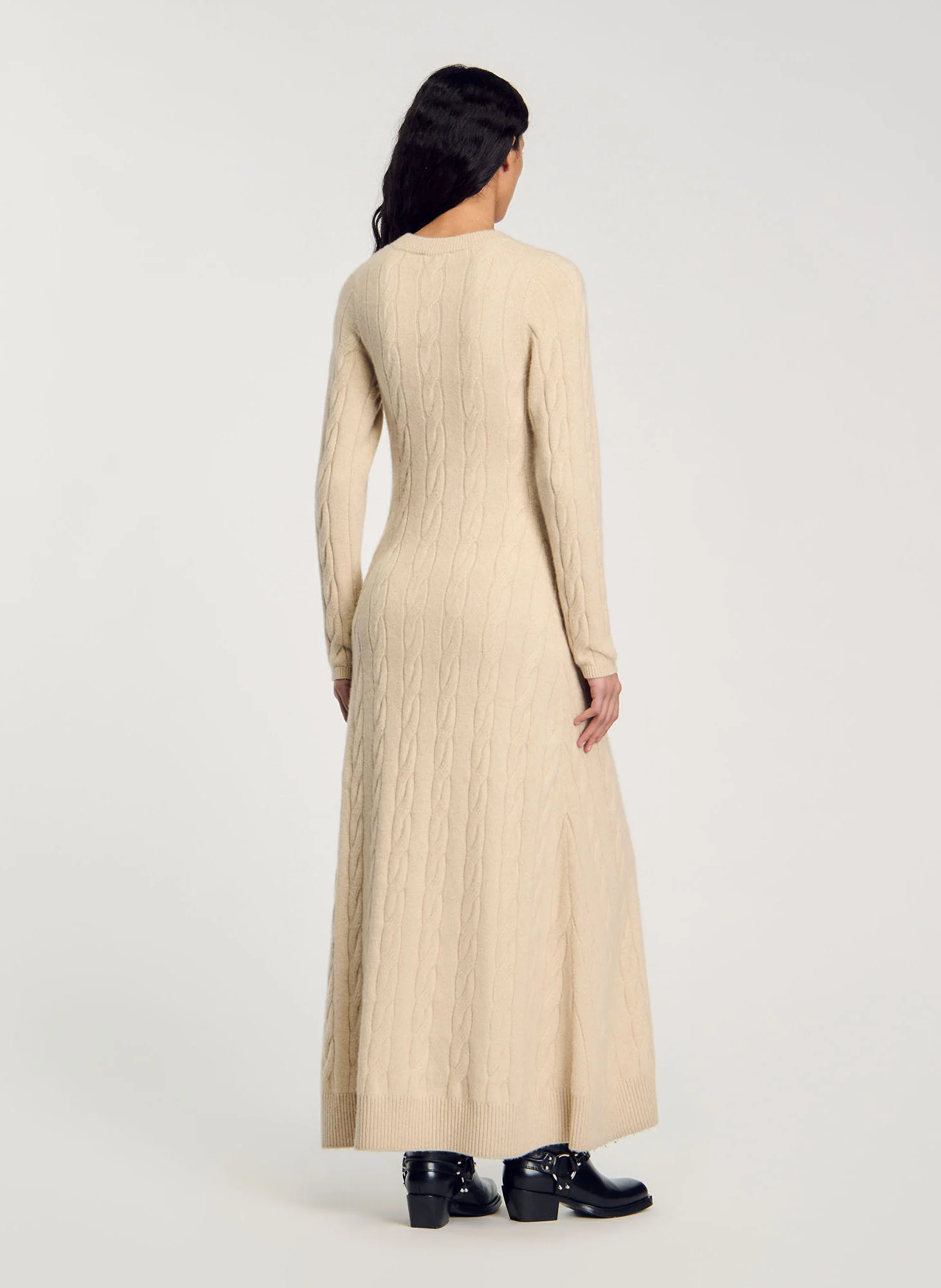 Robe longue col rond en laine mélangée | Beige