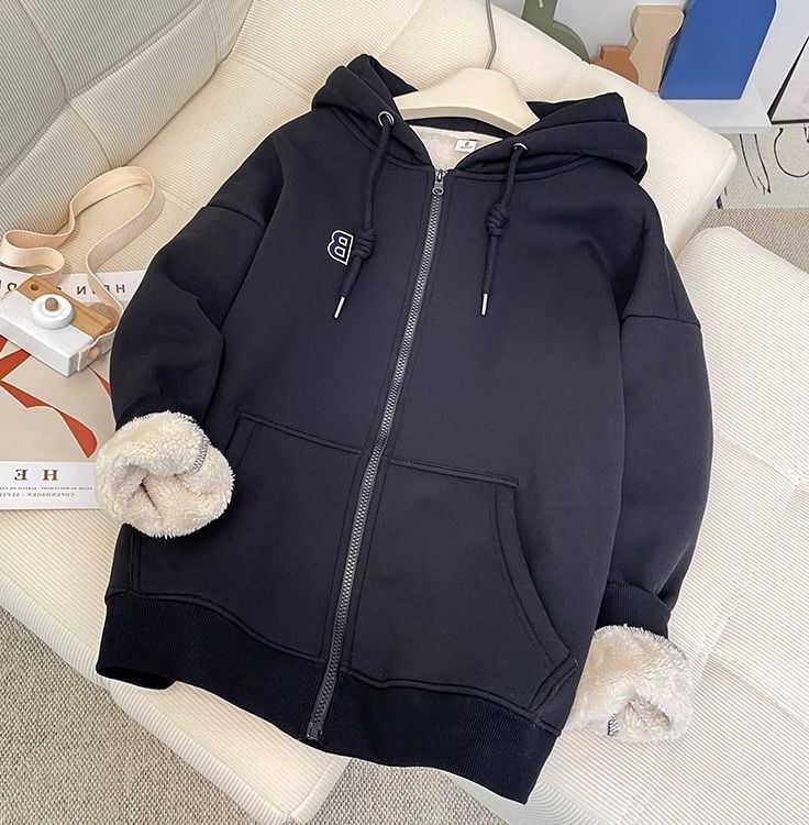 Cafamo - Fleecegevoerde hoodie met rits en tekst