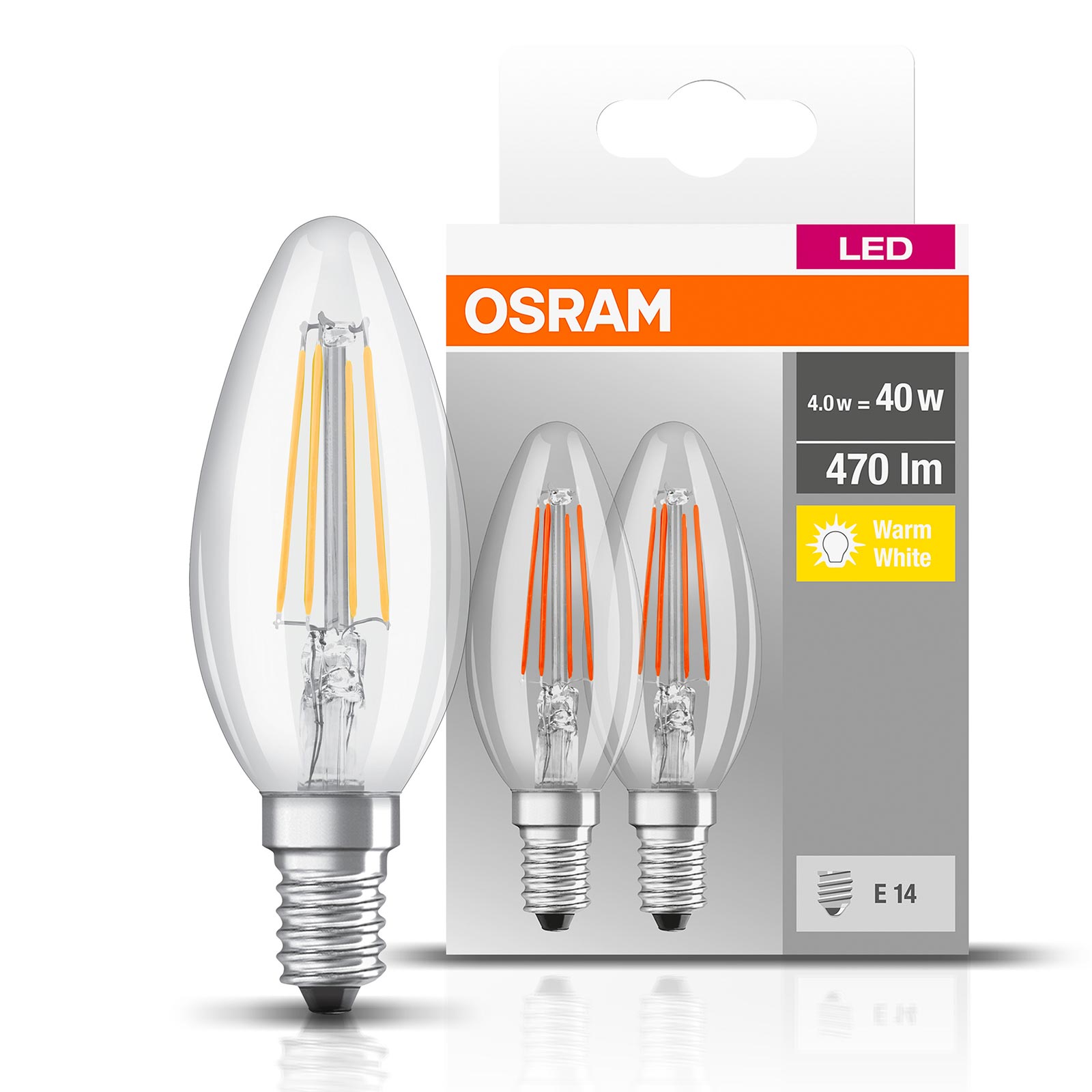 2er-Set LED-Leuchtmittel BASE CLB40 - Filament Kerze - E14