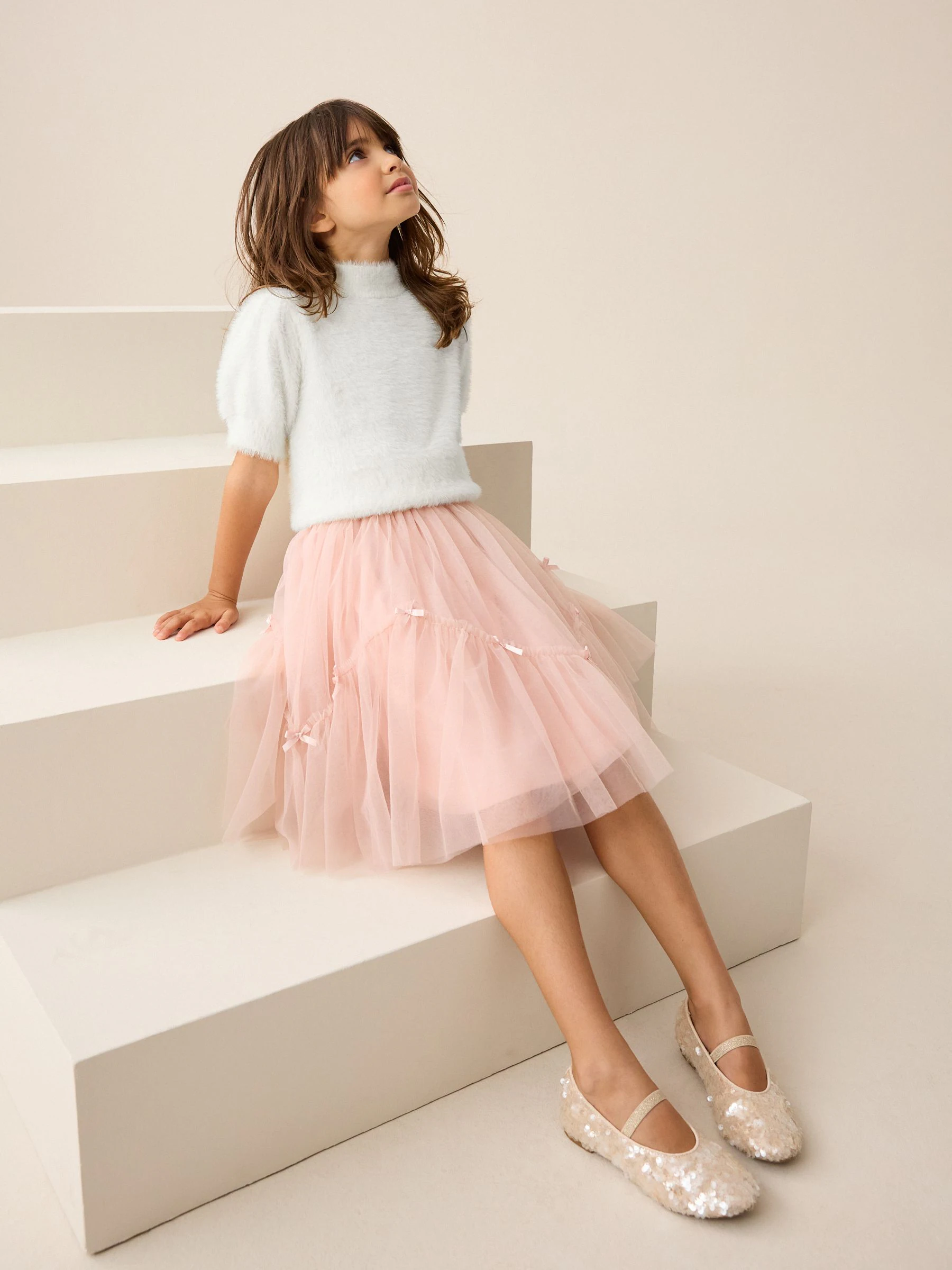 Ecru - Fluffy Short Sleeve Top (3-16yrs)