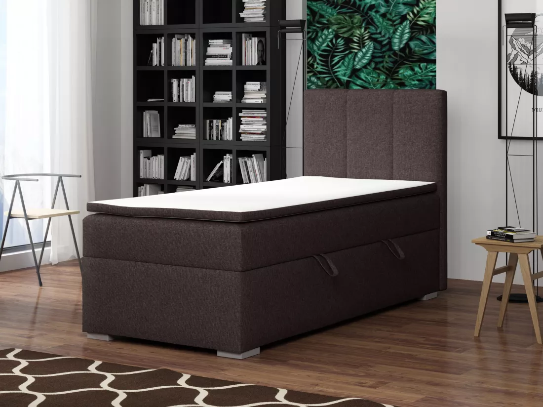 LIT SIMPLE avec tiroir de rangement et surmatelas, côté droit Monaco Mini 90x200 cm, Lux 13 (Marron foncé)