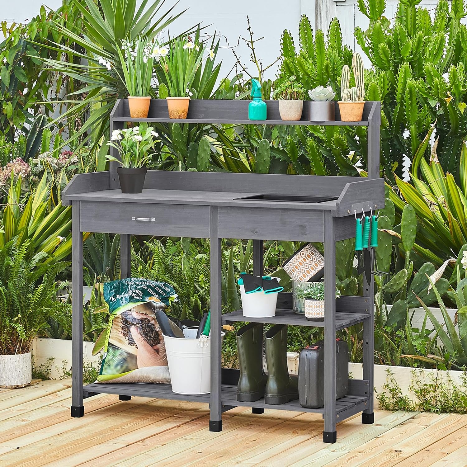 Yaheetech Pflanztisch mit Waschbecken, Blumentisch Gärtnertisch Holzpflanztisch mit Schubladen & Verstellbaren Ablagefläche & Haken, aus Wetterfest Holz für Terrasse Garten, Grau