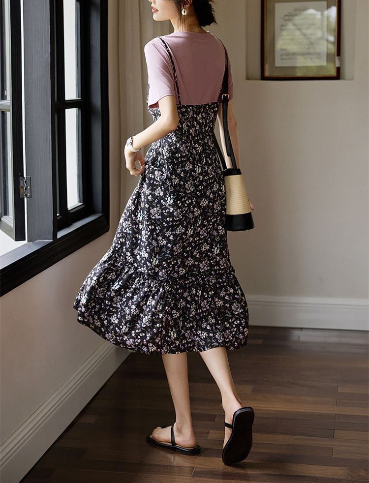 Kwuartz - Mock Two-Piece Short-Mouw Floral Print Midi A-Line Dress