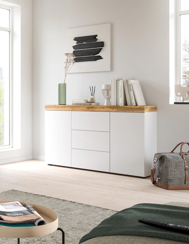 GOODproduct Sideboard »MAMBO, TOPSELLER!, Breite 125cm, 2 Türen, 3 Schubkästen, push-2-open« 2 farbige Ausführung, in verschiedenen Farben erhältlich, 1 Stk. tlg. Sideboard, Kommode, Wohnzimmer, Flur, Arbeitszimmer