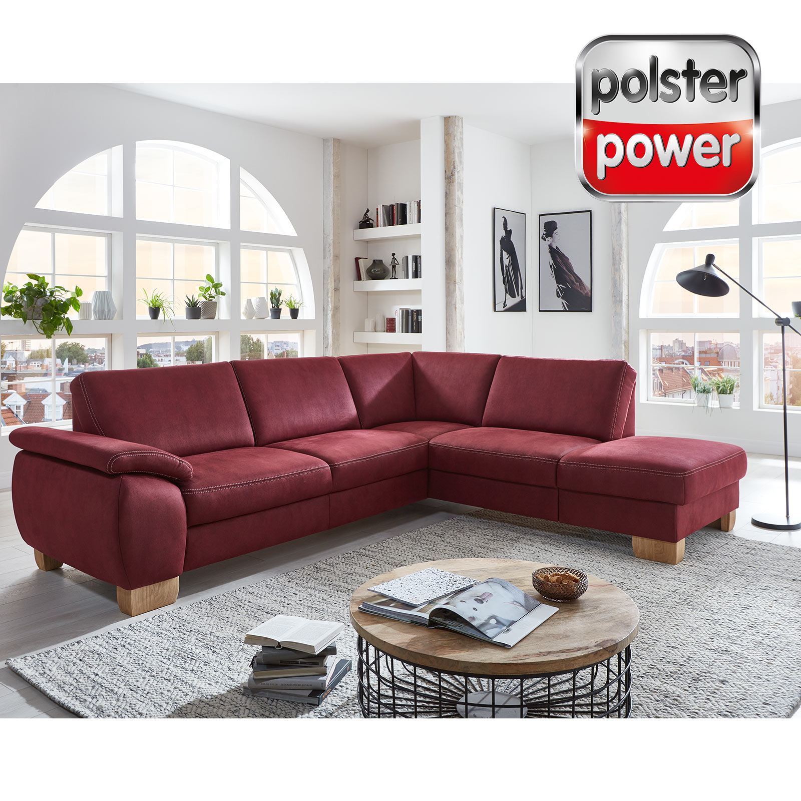 polsterpower Ecksofa - rot - Massivholz Füße - Recamiere rechts