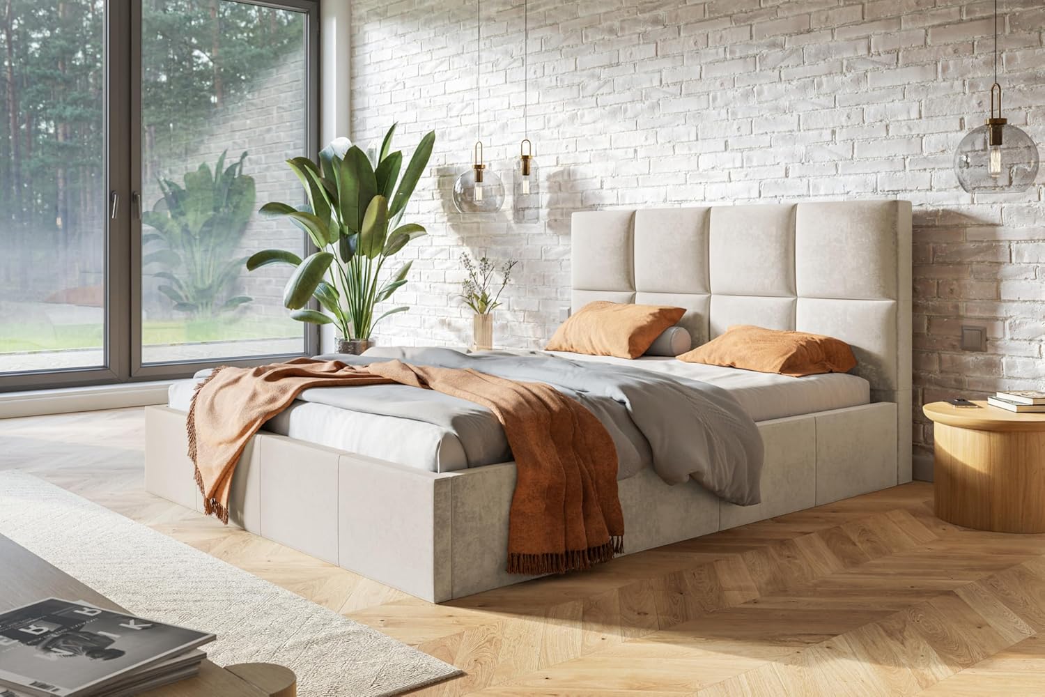 Bett 120x200 - Polsterbett mit Bettkasten und Holzrahmen - Modern Betten - Weicher Jasminstoff - Kollektion Roma, Beige