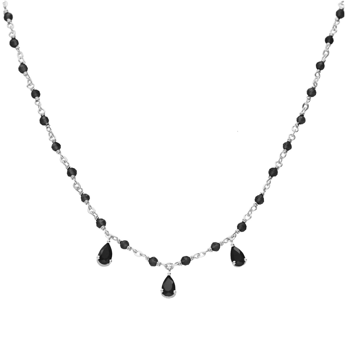 Collier Argent Rhodié Et Pierres Naturelles Noires
