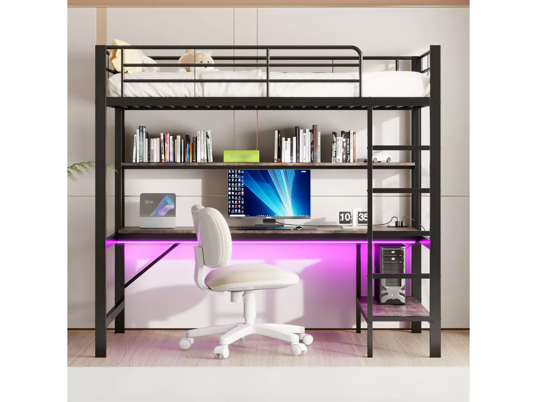 Lit mezzanine garde-corps et escabeau - 90 x 200 cm - avec USB et secteur - LED et bureau - sans matelas - métal - noir