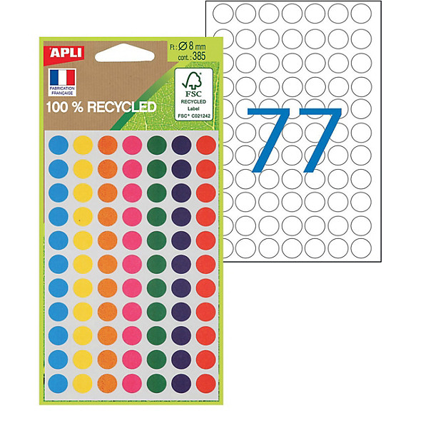 APLI Pastilles adhésives recyclées Ø 8 mm - 101781 - Pochette de 385 - Assorties