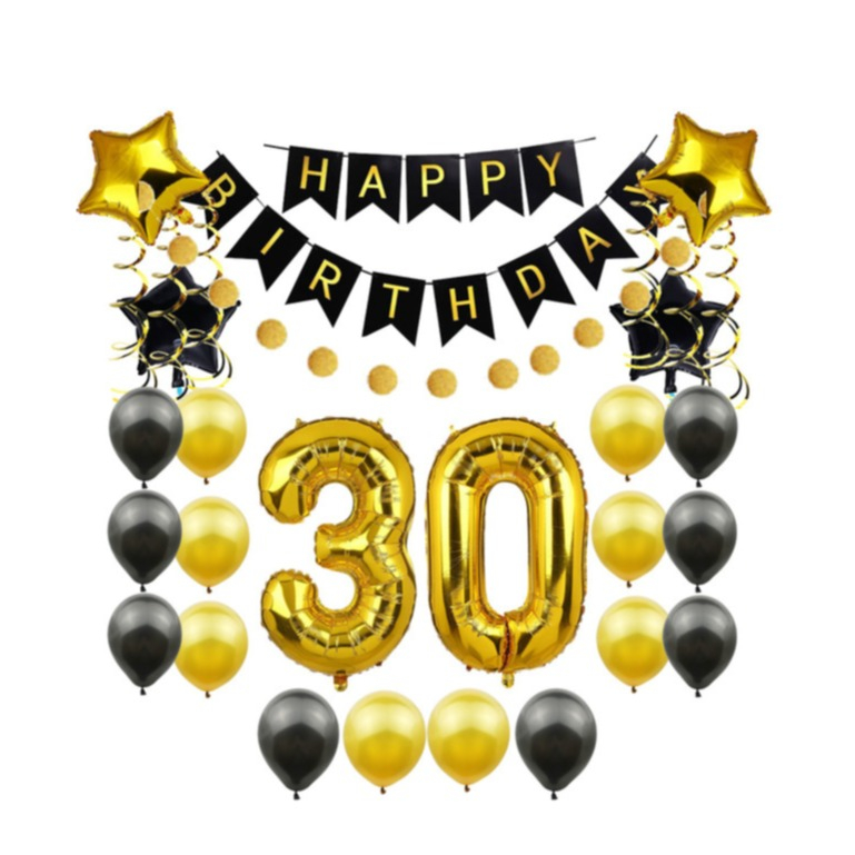 (85-tlg. Set) Happy Birthday Girlande 30. Geburtstag Party Deko   Latex- und Folienballons / Spiralengirlande - Gold / Schwarz
