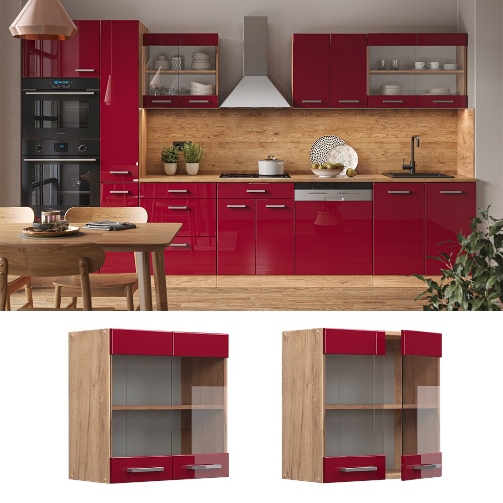 Vicco Hängeglasschrank Küchenschrank Küchenzeile R-Line 60 cm Eiche Bordeaux Tür Fächer