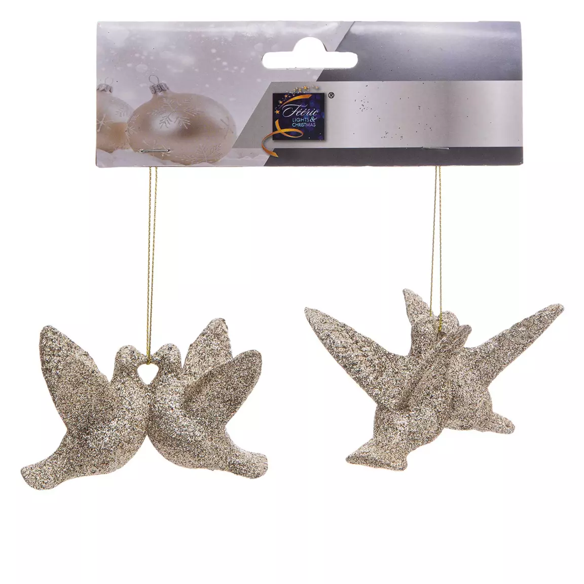 Lot de 2 oiseaux (H6 cm) Colombe Naturel pailletés