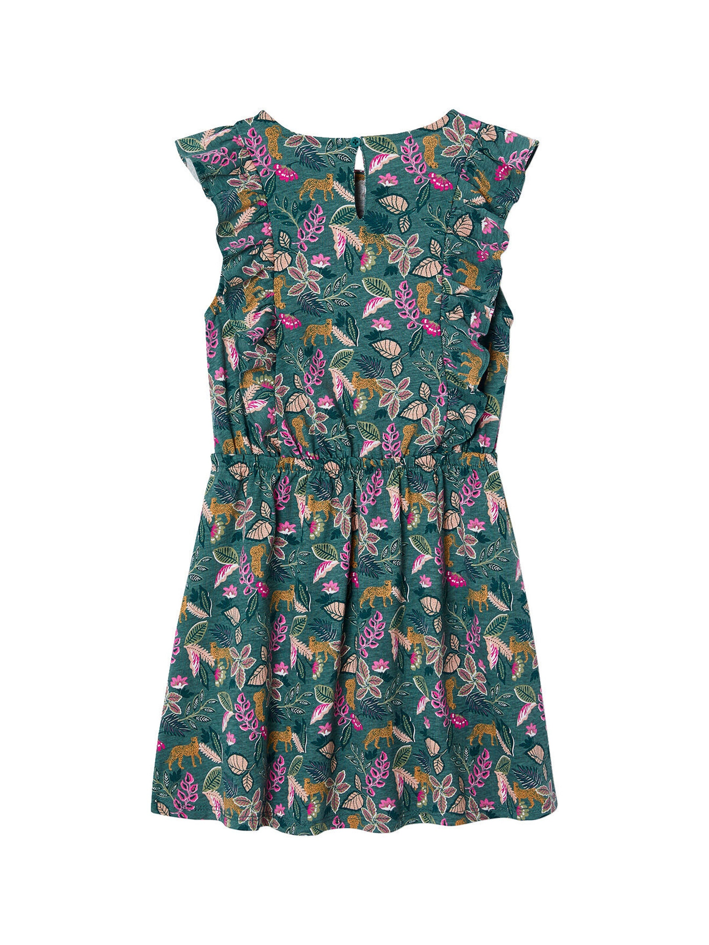 Vertbaudet Bedrucktes Mädchen Jerseykleid mit Volantärmeln smaragdgrün
