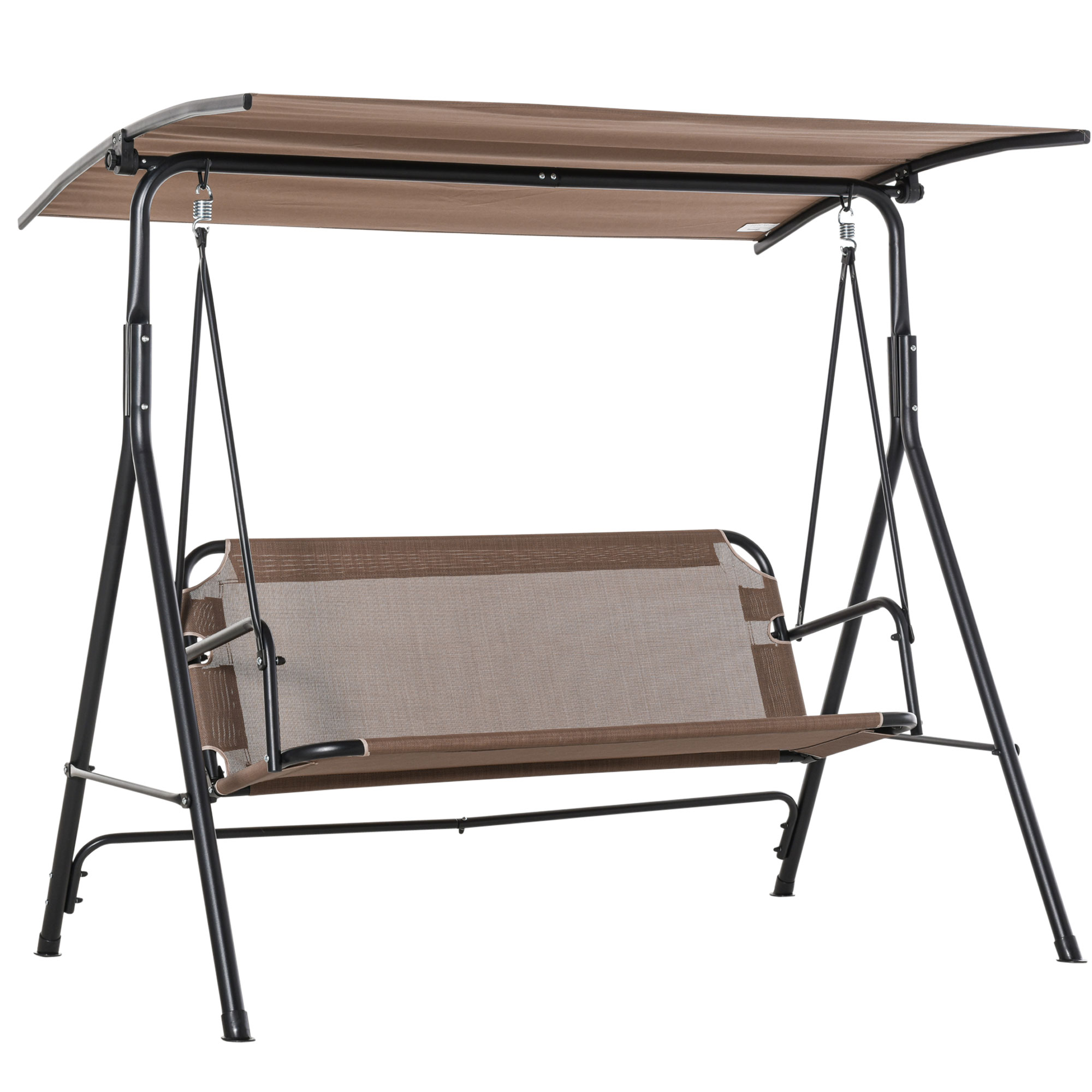 Cadeira de balanço de jardim Outsunny para 2 pessoas com cobertura ajustável em ângulo, ideal para pátio, varanda e uso externo. Capacidade de carga de 200 kg, dimensões 172 x 110 x 155 cm, marrom.