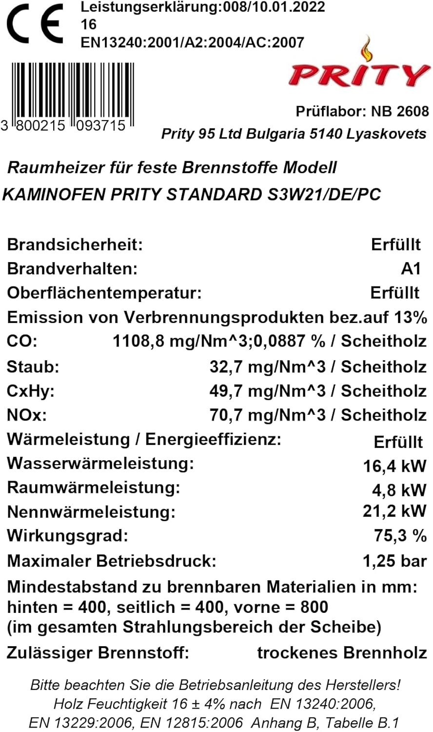 Prity S3 W21 Holzofen für Zentralheizung, Festbrennstoffofen, 5,0 kg, Beige/Schwarz