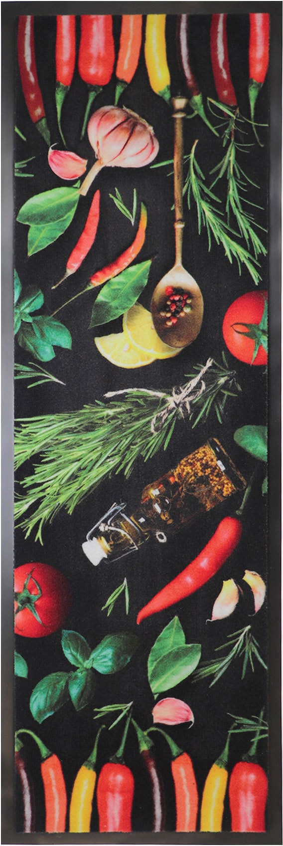 Primaflor-Ideen in Textil Küchenläufer »CHILI HERBS, Made in Belgium« rechteckig 6,5 mm Höhe Chili-Kräuter Motiv, Grösse 50x150 cm, rutschhemmend, Küche