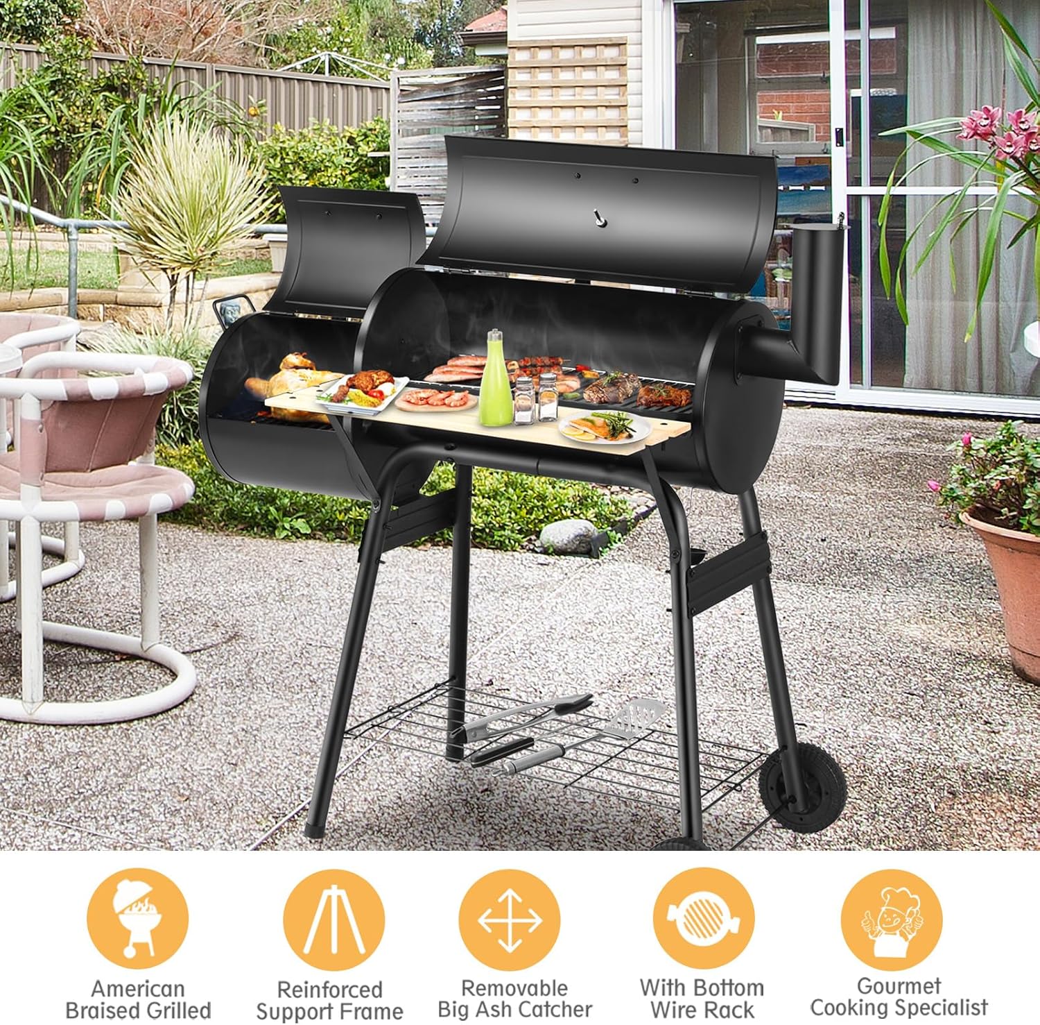 KOMFOTTEU Holzkohlegrill mit Kamin, 2 in 1 Räuchern Grillen, Thermometer und Rädern, Rauchgrill Stahlgrill mit seitlichem Tisch & Bodenregal, Grillwagen BBQ für outdoor, Smoker Grill 115x65x108 cm