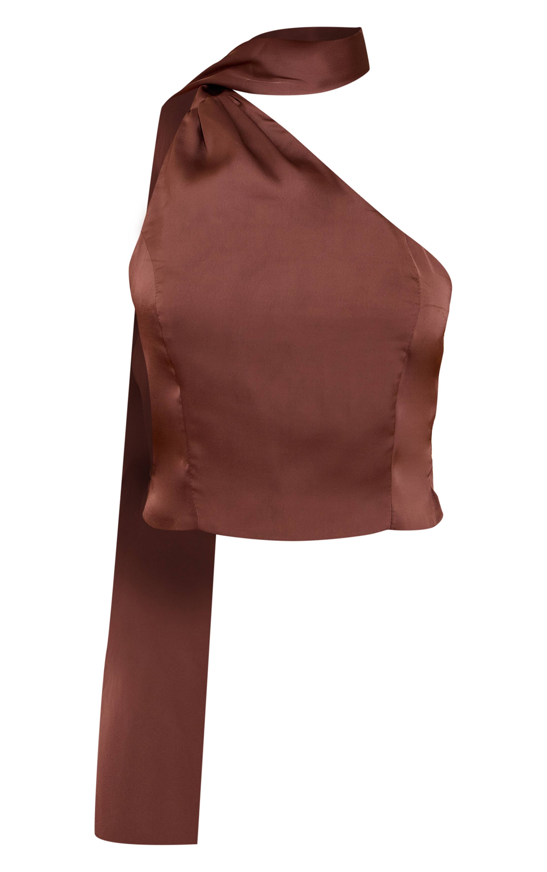 Marron Foncé Top Court En Satin Avec Détail Foulard