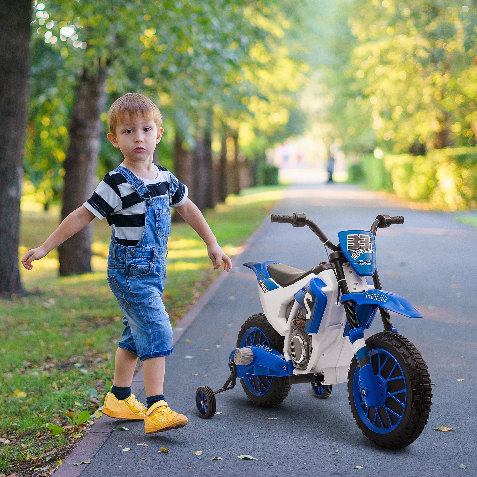 Motocicleta elétrica infantil HOMCOM com 2 rodas de apoio removíveis para crianças a partir de 3 anos, capacidade de carga de 30 kg (1 unidade), inclui bateria e carregador.